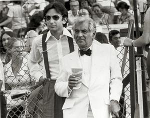 Bernstein with protégé, conductor Michael Tilson Thomas, at 1974 Charles Ives Centenary Concert in Danbury, Connecticut.