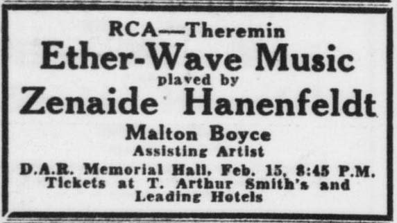 Advertisement for Zenaide Hanenfeldt first Washington D.C. theremin recital.