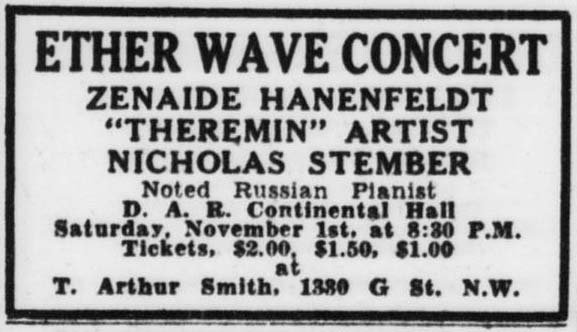 Advertisement for Zenaide Hanenfeldt's second Washington D.C. theremin recital.