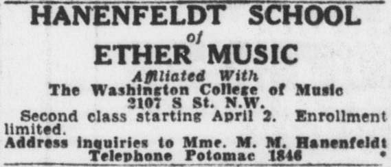 Advertisement for the Hanenfeldt School of Ether Music (1930).